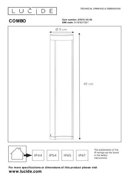 Lucide COMBO - Bollard light - Ø 9 cm - LED - 1x9W 3000K - IP54 - Black - technical